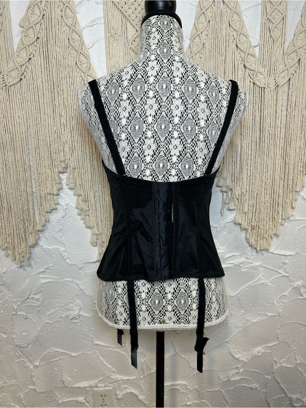 Vintage-Inspired Black Satin Lace Corset Top with Garter Straps Elomi Sz 34F - Picture 7 of 15